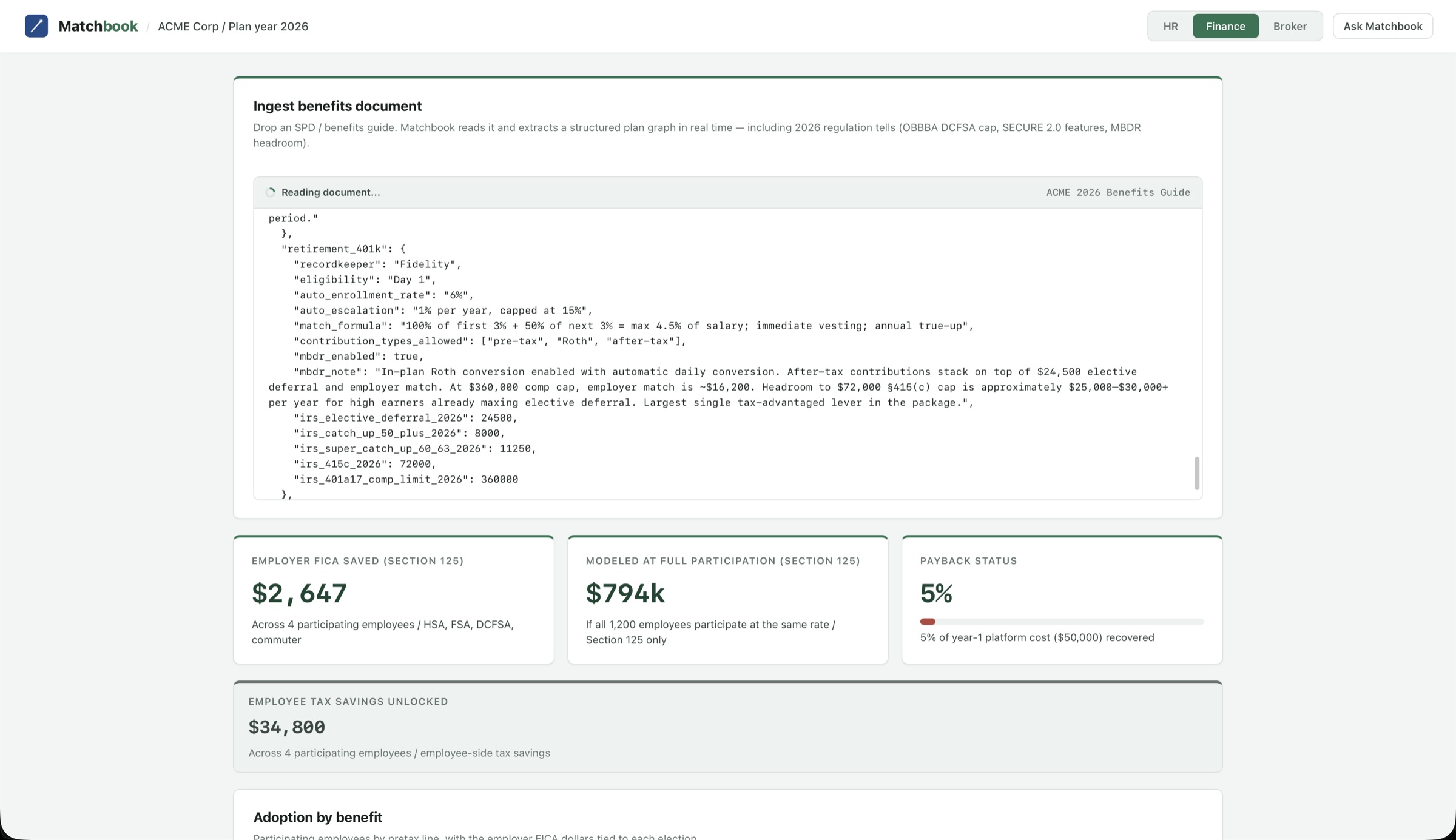 Matchbook employer dashboard showing benefits document ingest and Section 125 FICA savings tiles